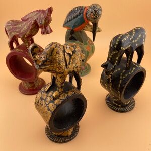 Four Vintage Wooden Animal Shaped Napkin Rings from India Circa 1970s